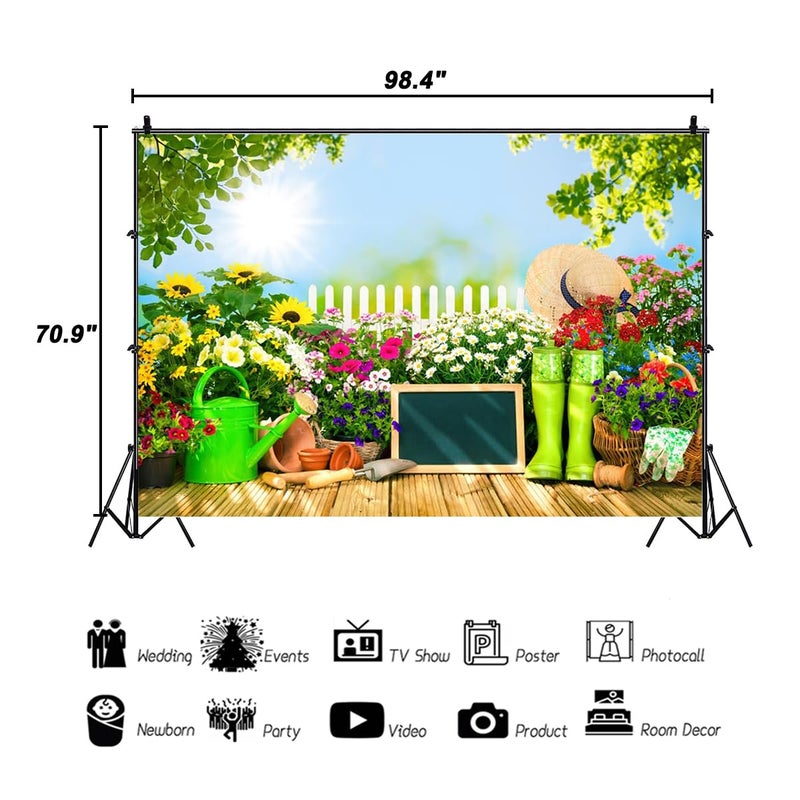 AOFOTO 8x6ft Spring Garden Backdrop for Pictures Gardening Tools Flowers Watering Can Green Plants Potting Photography Background Nature Scenery Rural Fence Sunflowers Portrait Photo Studio Prop Vinyl - Image 3
